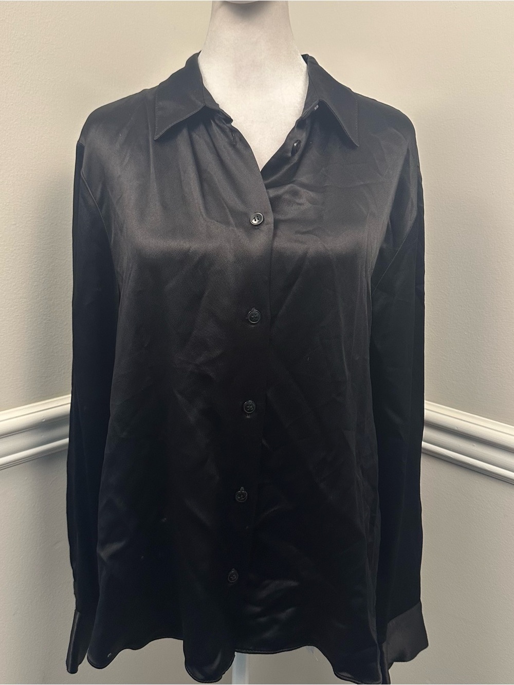Zara Black Satin Like Button-Down Shirt L